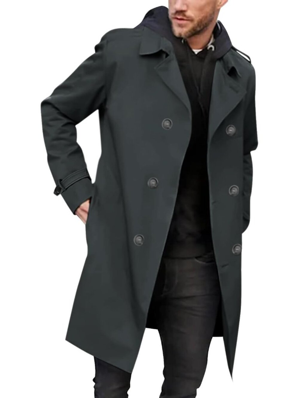 Mens Dark Grey Double Breasted Trench Coat Notched Lapel Slim Fit Long Overcoat